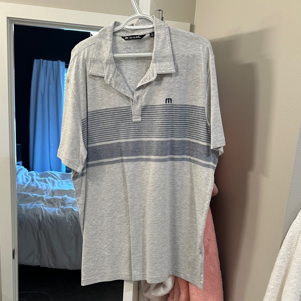 Travis Mathew Light Gray Polo with Blue Stripes